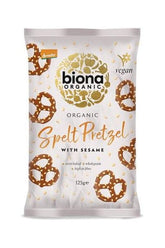 Biona Organic Spelt Pretzel with Sesame 125g package, featuring crunchy pretzels and vegan-friendly design.